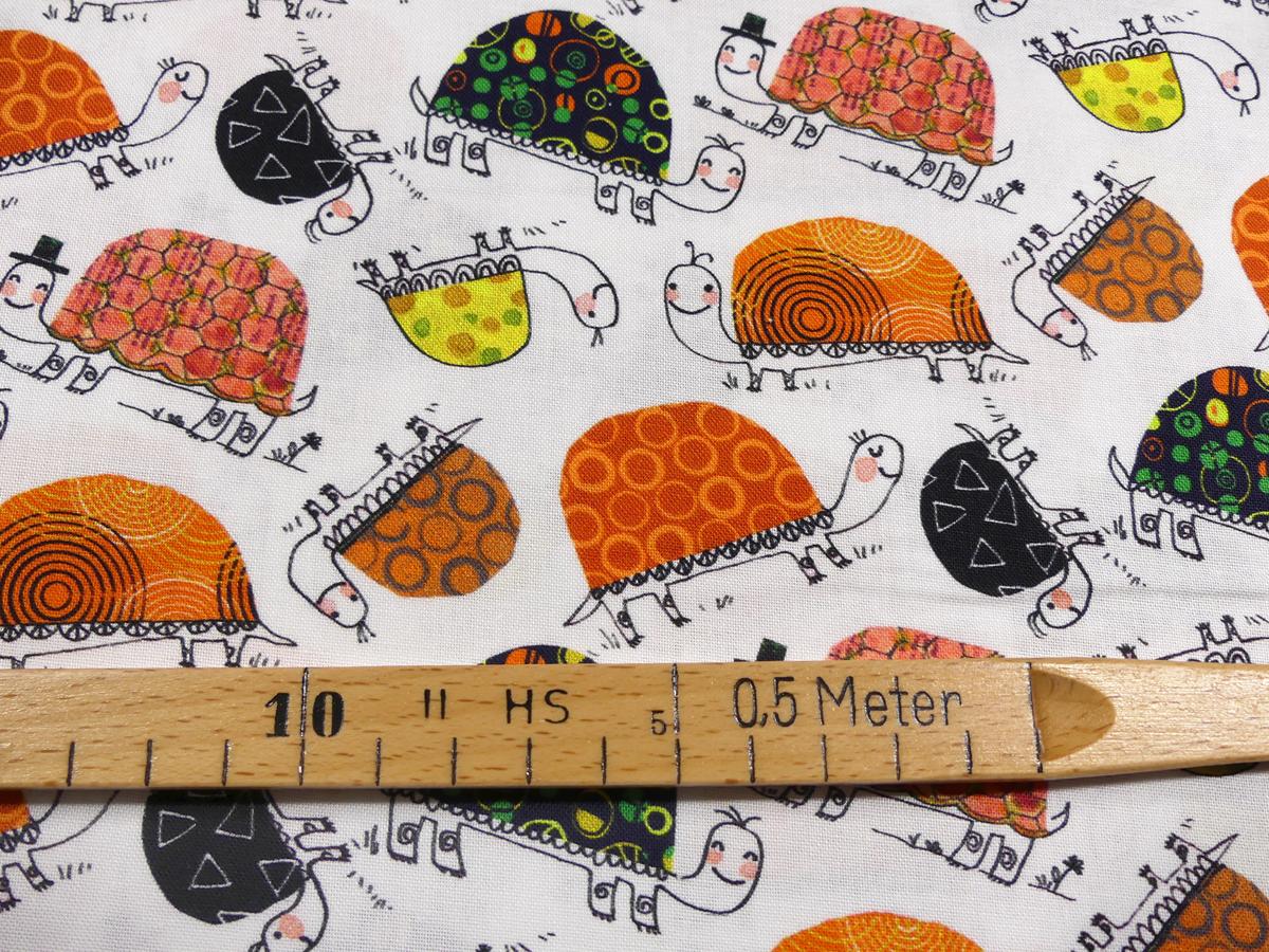 Patchworkstoff Schildkröten orange Detailansicht mit Maß